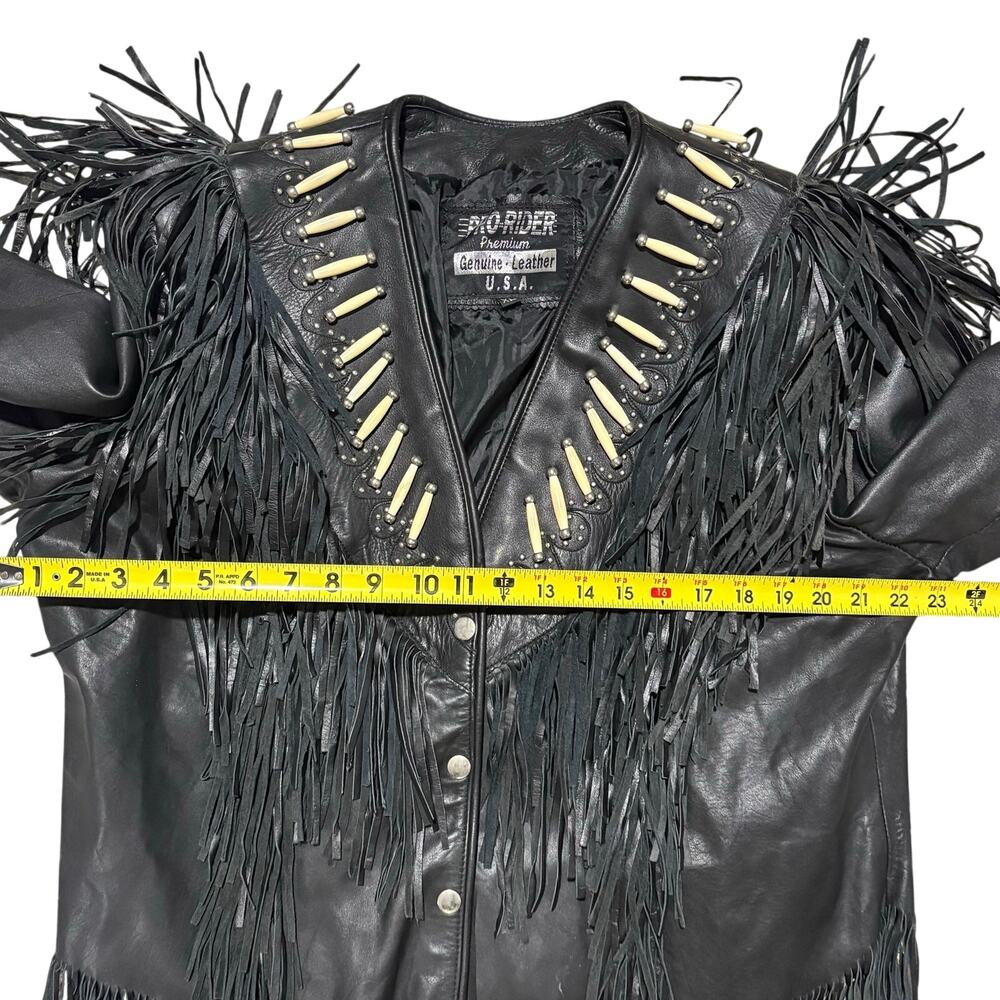 Pro Rider Leather Jacket Fringes Bone Beads Western Native American XL Vintage - Picture 8 of 9